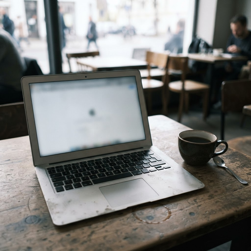 An open laptop and a ceramic cup on a worn café table, with blurred window light and empty chairs behind.